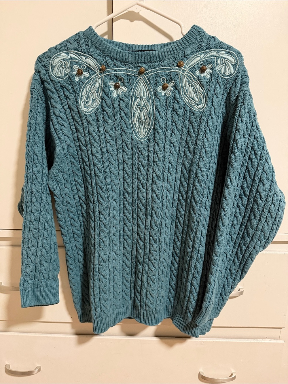 Teal Cable-Knit Embroidered Crewneck Sweater